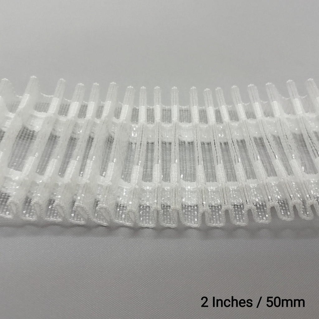 Close up of gathered 2 inch net pleat curtain tape