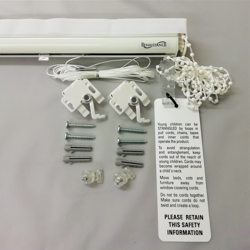 Roman blind headrail kit with brackets, screws child safety items and safety information label on a gray background