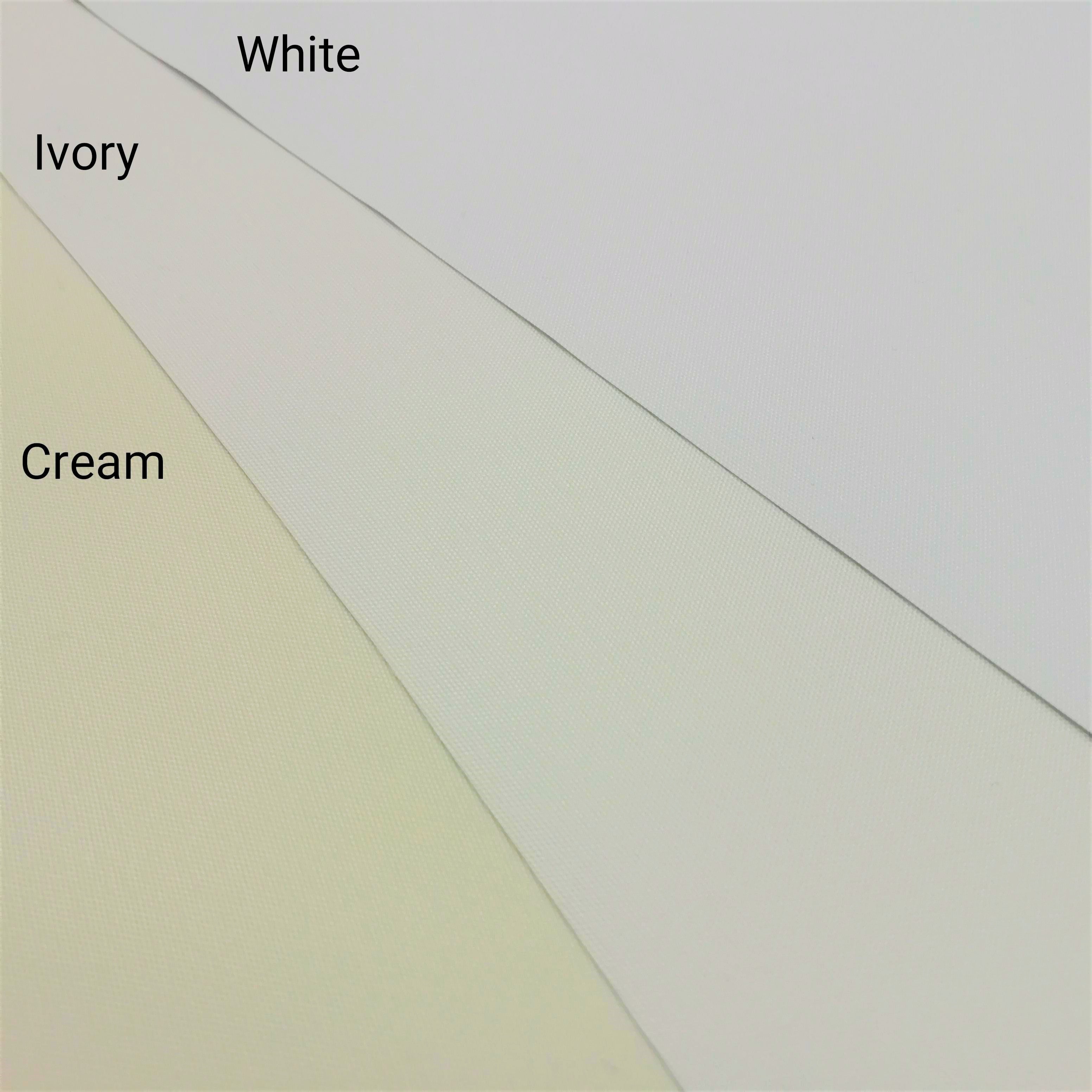Three swatches of supersoft blackout curtain lining fabric labeled 'White', 'Ivory', and 'Cream' arranged diagonally.